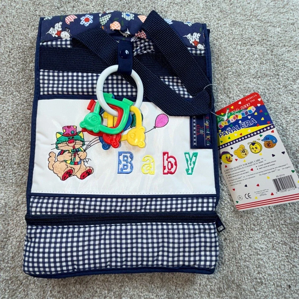 Elegant‎ Kids 2000 Vintage Diaper Bag Navy Gingham Puppy Cat EK22114 NWT USA